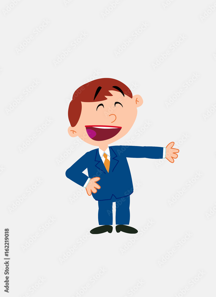 White businessman. Vector illustration isolated in a funny cartoon style. The character is happy, showing something to his side.