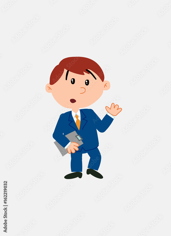 White businessman. Vector illustration isolated in a funny cartoon style. The character is surprised by something at his side; Has a document in his hand. White businessman. Vector illustration isolated in a funny cartoon style. The character is surprised by something at his side; Has a document in his hand.