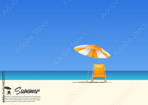 Summer beach landscape with orange beach chair and orange beach umbrella on blue gradient sky background  with copy space for your text.  Vector Illustration.