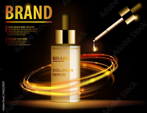 Essence translucent contained, ads, gold makeup glass bottle template. Design cosmetics product for advertising with fire rings on dark background. 3d Vector illustration for cream, essence, lotion.