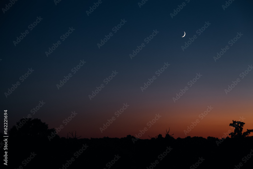 Red sunset and new moon in a beautiful sky