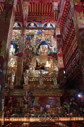 Monastic Decoration inside an Amdo Tibetan Buddhist Temple in Qinghai China Asia © Kim
