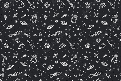 Hand drawn astronomy doodle seamless pattern.