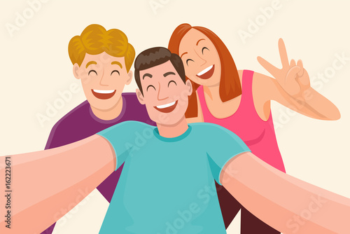 Group of three friends taking a selfie and laughing. Friendship and youth concept. Vector illustration. photo