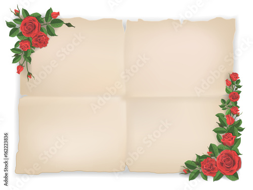 Old paper sheet and red roses in corners. Template for design greeting card.