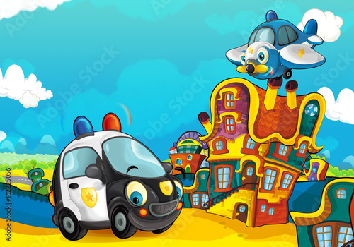 Cartoon police car smiling and looking in the parking lot and plane flying over - illustration for children