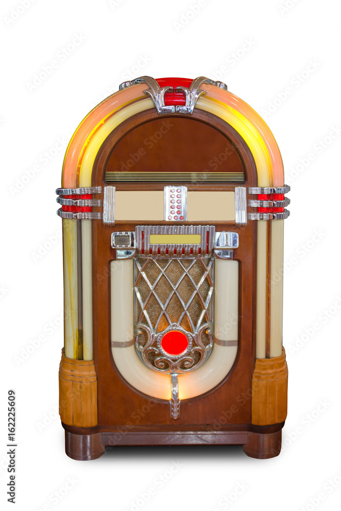 Real vintage jukebox retro music player isolated on white background Stock  写真 | Adobe Stock