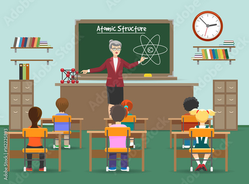 Physics lesson. Female teachers in classroom with kids in front of blackboard vector illustration