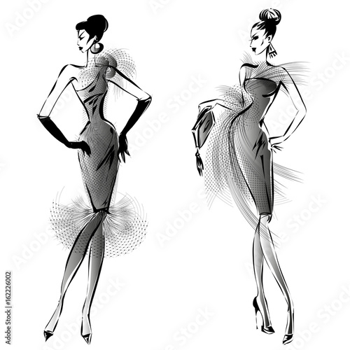 Black and white retro set, fashion models silhouette sketch style. Hand drawn vector illustration