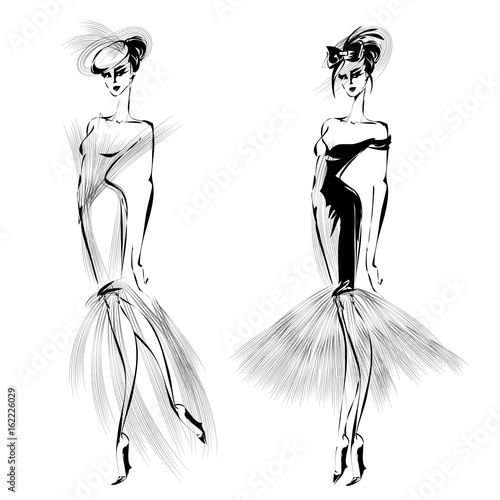 Black and white retro set, fashion models silhouette sketch style. Hand drawn vector illustration