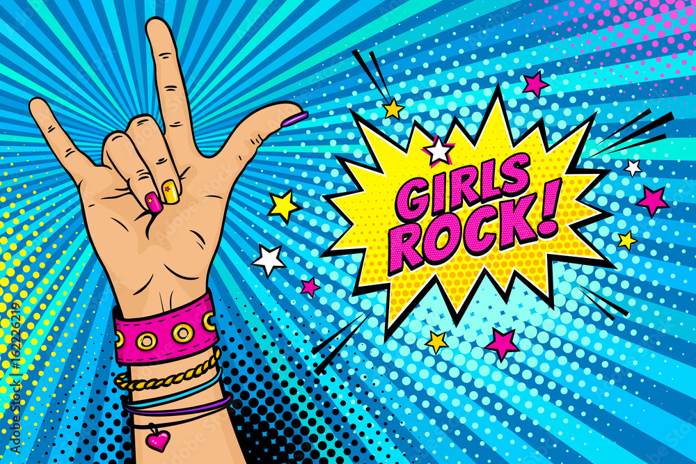 Pop art background with female hand with rock n roll sign and Girls Rock  speech bubble with stars. Vector colorful hand drawn illustration in retro  comic style. Stock Vector | Adobe Stock