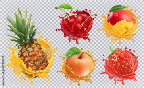 Pineapple, strawberry, apple, cherry, mango juice. Fresh fruits and splashes, 3d vector icon set