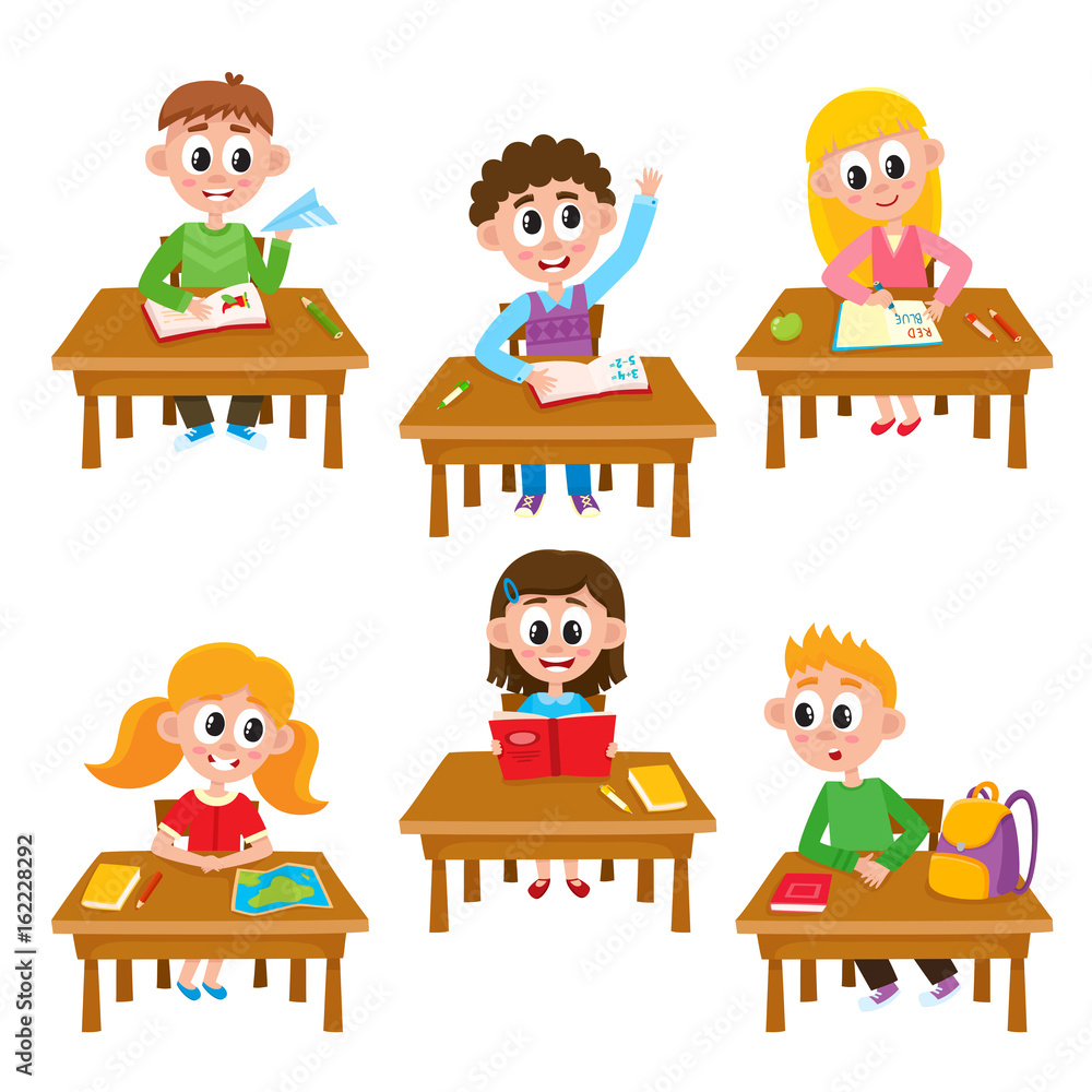 Elementary school kids in classroom - reading, writing, raising hand,  studying, cartoon illustration isolated on white background. Kids in  classroom, students of elementary, primary school Stock Vector | Adobe Stock