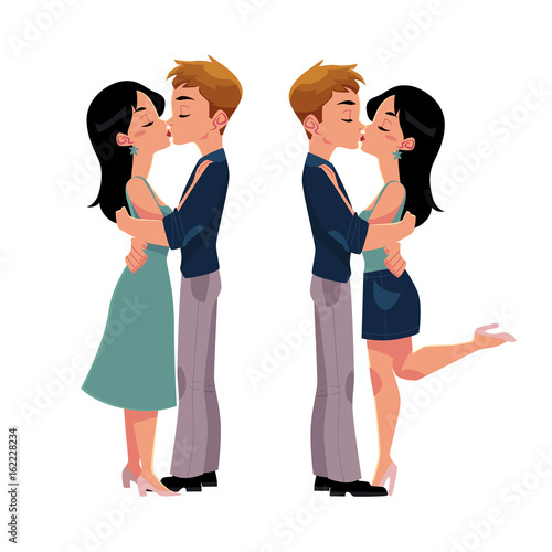 Set of young couple, man and woman, boy and girl kissing romantically, cartoon vector illustration isolated on white background. Set of four kissing couples, romantic relationships, dating, flirting