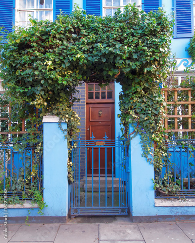 London, Notting hill, colorful blue entrance with folliage and wooden door © Dimitrios