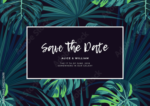 Dark tropical wedding design with jungle plants. Vector tropical background with green sabal palm and monstera leaves.