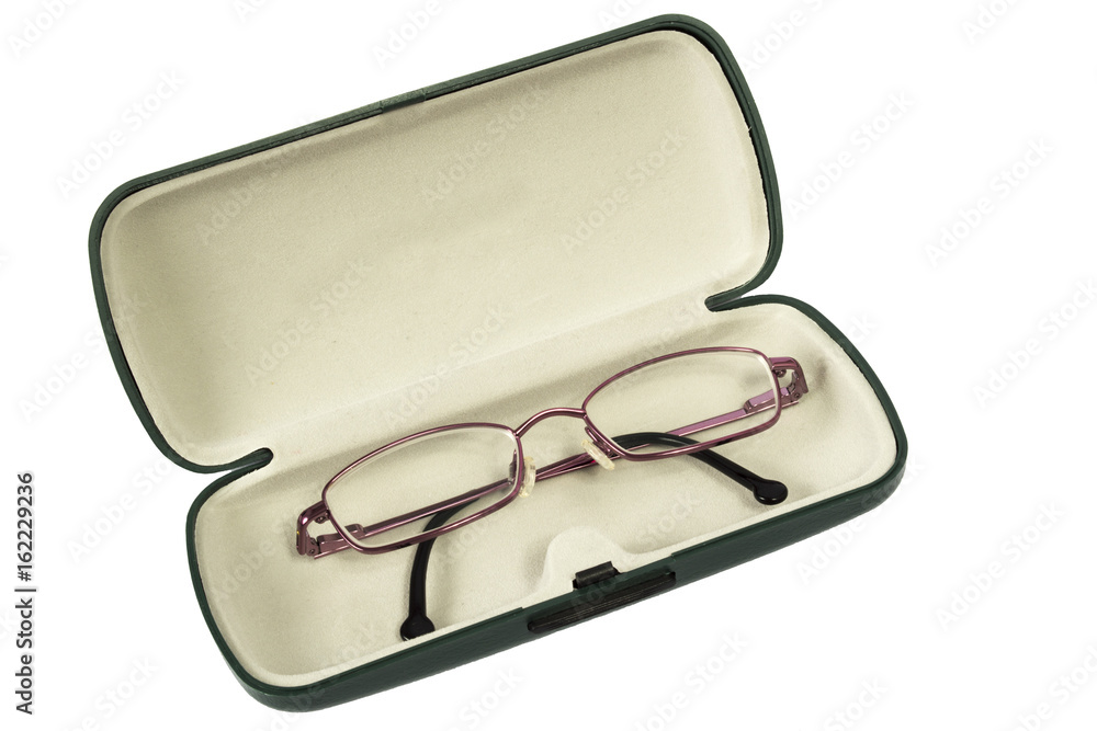 Glasses, and a green case, isolate Glasses, and a green case, isolate