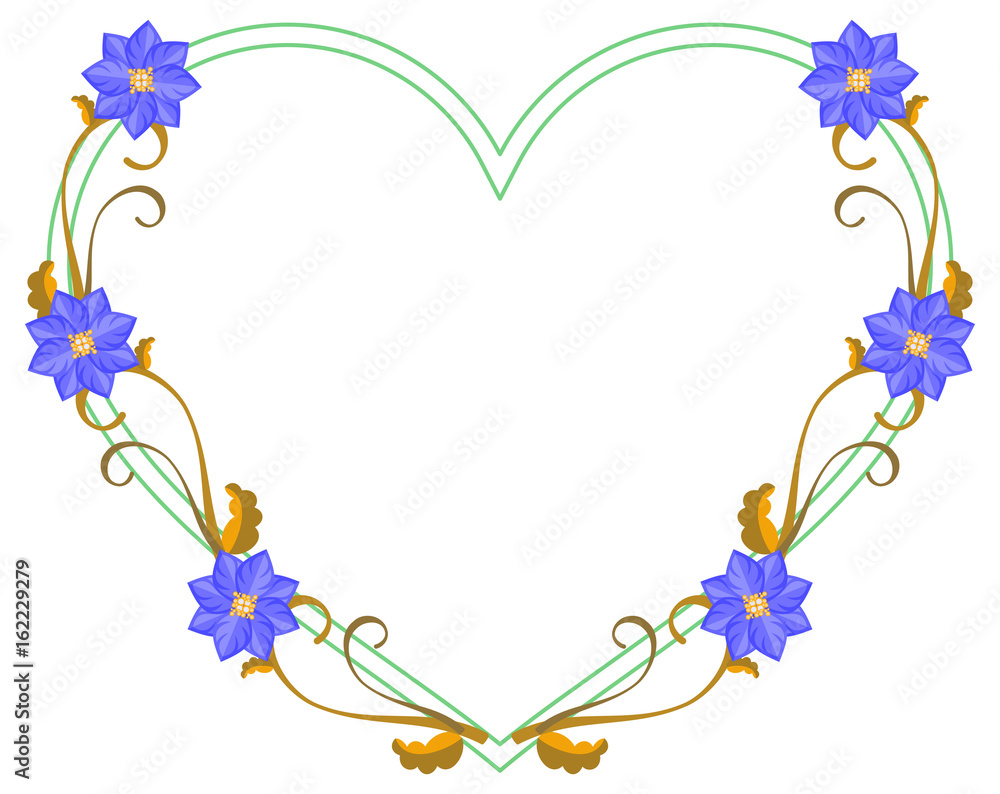 Heart shaped decorative frame with abstract blue flowers. Vector clip art.