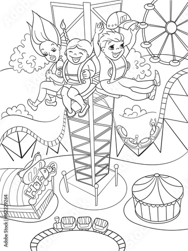 Thrill from a free fall from this tower. Coloring book black lines on a white background