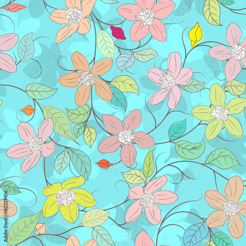 Floral element on blue seamless background.
