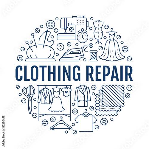 Clothing repair  alterations studio equipment banner illustration. Vector line icon of tailor store services - dressmaking  dress  garment sewing. Clothes atelier circle template with place for text.