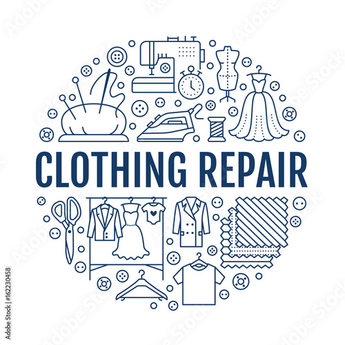Clothing repair, alterations studio equipment banner illustration. Vector line icon of tailor store services - dressmaking, dress, garment sewing. Clothes atelier circle template with place for text.