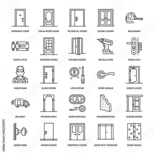 Doors installation, repair line icons. Various door types, handle, latch, lock, hinges. Interior design thin linear signs for house decor shop, handyman service.