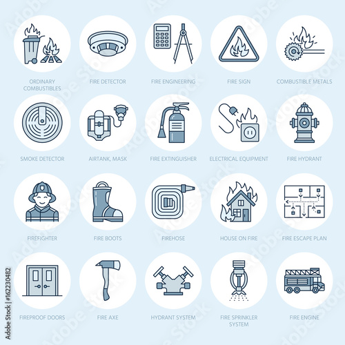 Firefighting, fire safety equipment flat line icons. Firefighter, fire engine extinguisher, smoke detector, house, danger signs, firehose. Flame protection thin linear pictogram.