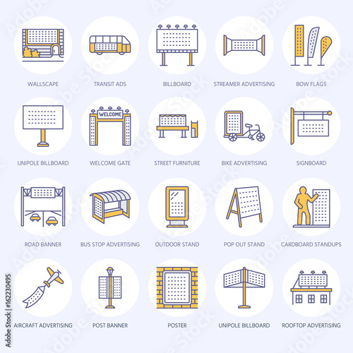 Outdoor advertising, commercial and marketing flat line icons. Billboard, street signboard, transit ads, posters banner and other promotion design element. Trade objects colored thin linear sign.