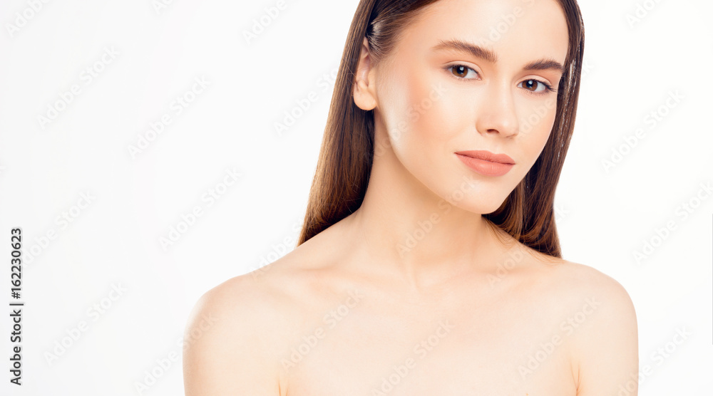 Portrait of Beautiful Woman with Clean Skin, Natural Make Up and Long Shiny Hair. Cosmetology, Beauty and Spa. Close Up