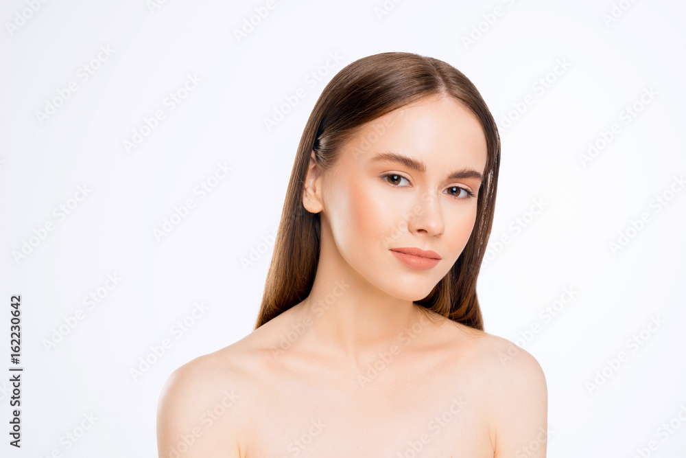 Portrait of Beautiful Woman with Clean Skin, Natural Make Up and Long Shiny Hair. Cosmetology, Beauty and Spa. Close Up Portrait of Beautiful Woman with Clean Skin, Natural Make Up and Long Shiny Hair. Cosmetology, Beauty and Spa. Close Up