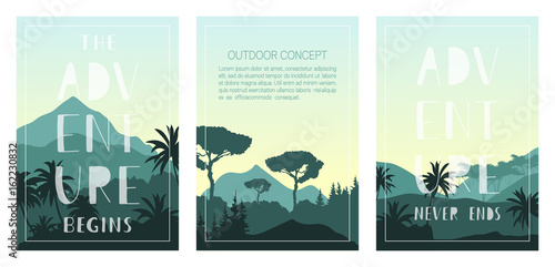 Set of nature landscape backgrounds with mountains, trees and handwritten adventure lettering. Vector templates for brochures, flyers, covers, posters, cards and invitations. Green outdoor design.