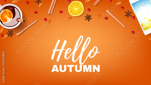 Beautiful orange web banner hello autumn. Top view on composition with cup of mulled wine, rowan, cinnamon sticks on orange background. Vector illustration.