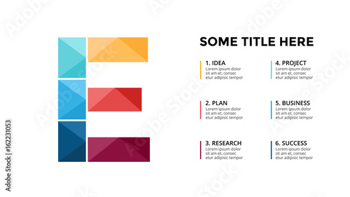 Vector alphabet infographic, presentation slide template. Business concept with letter E and place for your text. 16x9 aspect ratio.