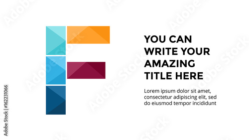 Vector alphabet infographic, presentation slide template. Business concept with letter F and place for your text. 16x9 aspect ratio.