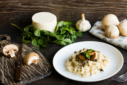 Risotto with mushrooms on a dark wooden background