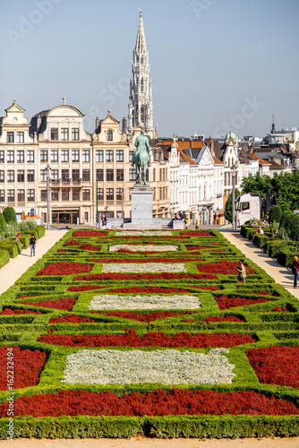 Morning view on the Arts Mountain square with beautiful buildings and city hall tower in Brussels, Belgium