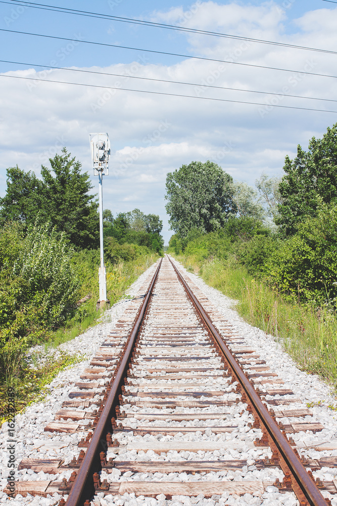 Fototapeta premium Rusted railroad tracks and sleepers on white gravel, surrounded with greenery and blue sky with white clouds on a summer day