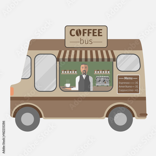 Coffee van. Flat design vector. Street food van
