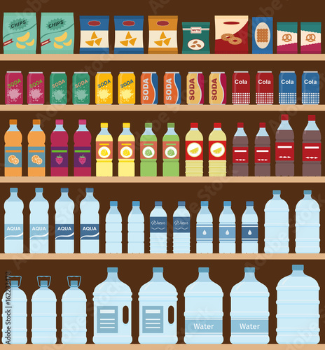 Supermarket shelves with snacks and drinks. Flat style, vector illustration. 
