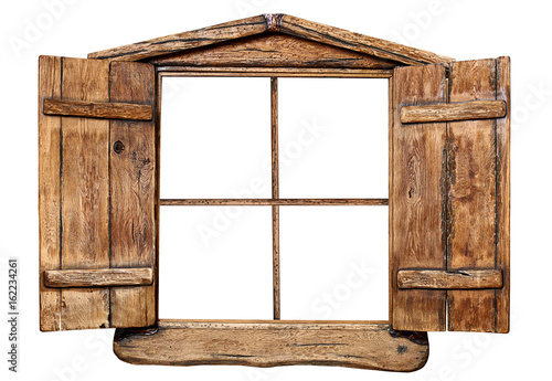 Wooden window with shutters opened, isolated on white photo