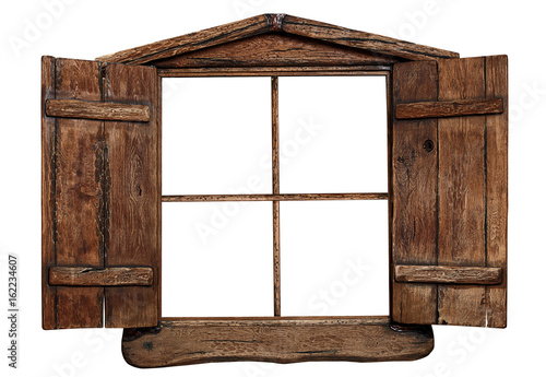 Old grunge wooden window frame with shutters opened, isolated on white