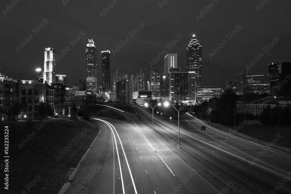 Black and white photo of Atlanta city night skyline