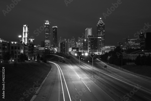 Black and white photo of Atlanta city night skyline