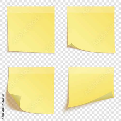 Set of square yellow sticky notes isolated on transparent background, vector illustration