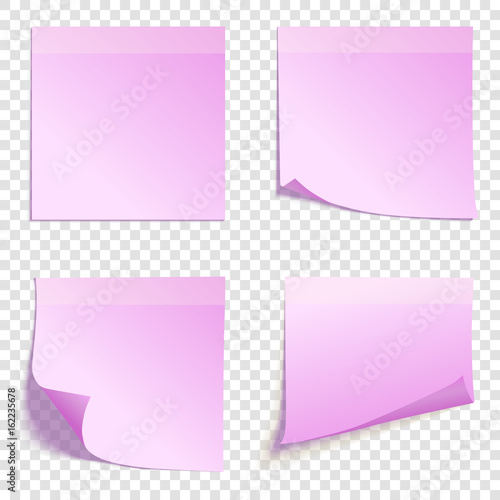 Set of square pink sticky notes isolated on transparent background, vector illustration