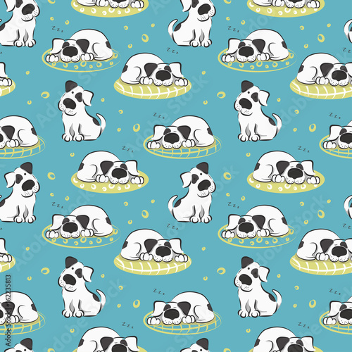 Pattern of sleeping on the pillow white dog on a blue background. Vector illustration in funny style.