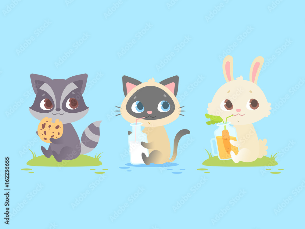 Cute baby animals sitting, baby raccoon, kitten, bunny. Cute baby animals sitting, baby raccoon, kitten, bunny.