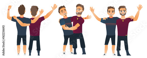 Male friendship concept, couple of boys, best friends hugging each other, cartoon vector illustration isolated on white background. Set of boys, men, friends standing and hugging each other