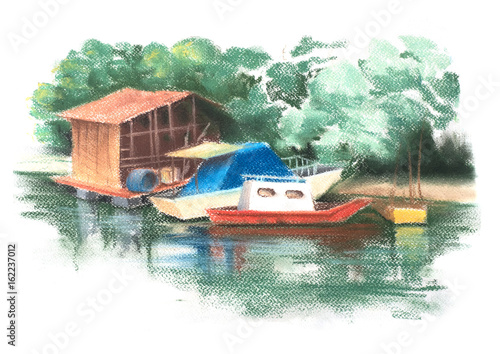Boats and fishing lodge on river. Summer landscape. Pastel Painting